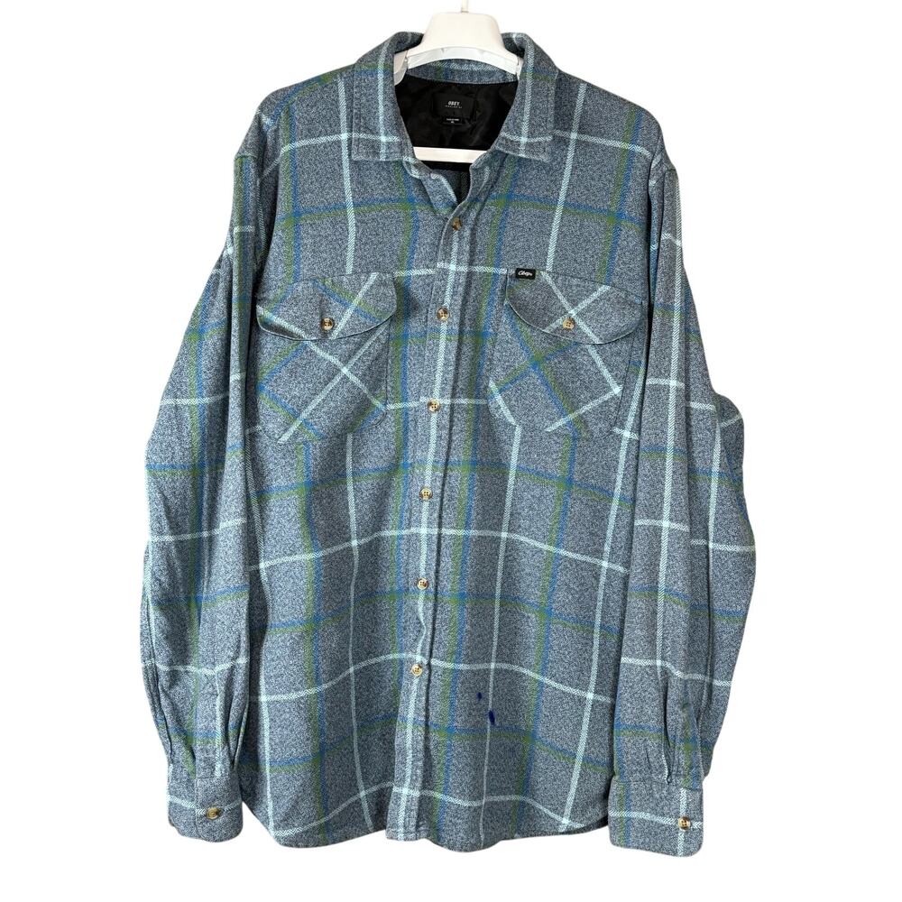 Obey Blue Multi Plaid Flannel Button Up Shirt Double Chest Pocket Men's Shirt XL